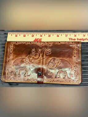 Vintage Bonia Embossed Tooled Leather India Elephant Wallet Clutch Handcrafted